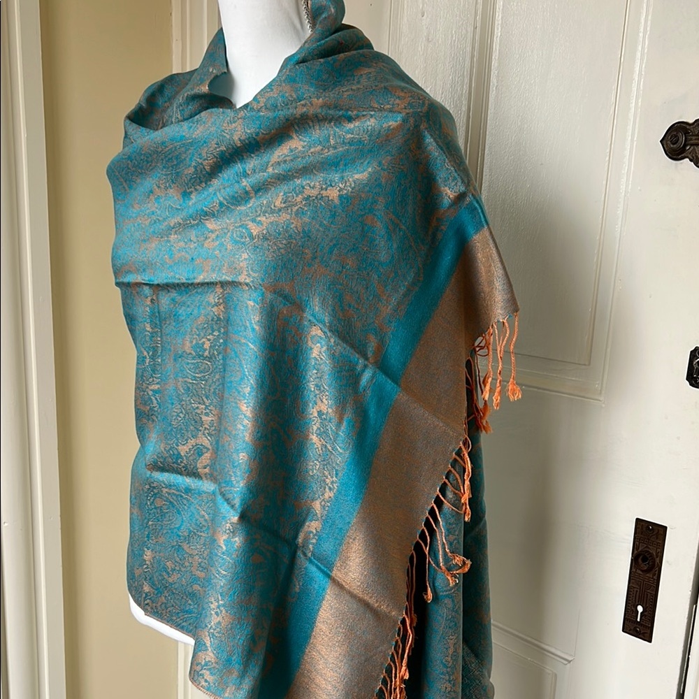 NWOT Teal and Tangerine Orange Silk Pashmina Shawl - Picture 3 of 7
